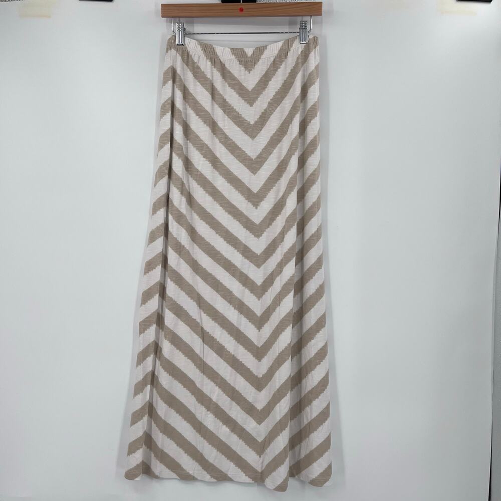 Chico’s Chevron Khaki Cream Maxi Elastic Waist Boho Coastal Skirt Small NEW